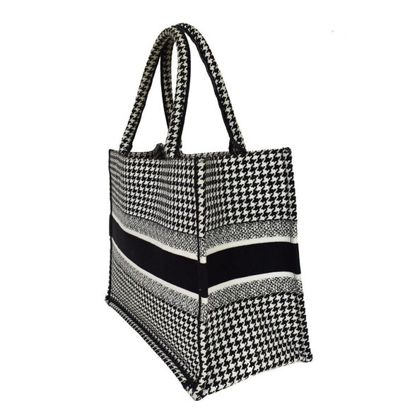 Authv CHRISTIAN DIOR Book Tote Hand Bag Houndstooth Canvas Leather Black - Picture 8 of 16